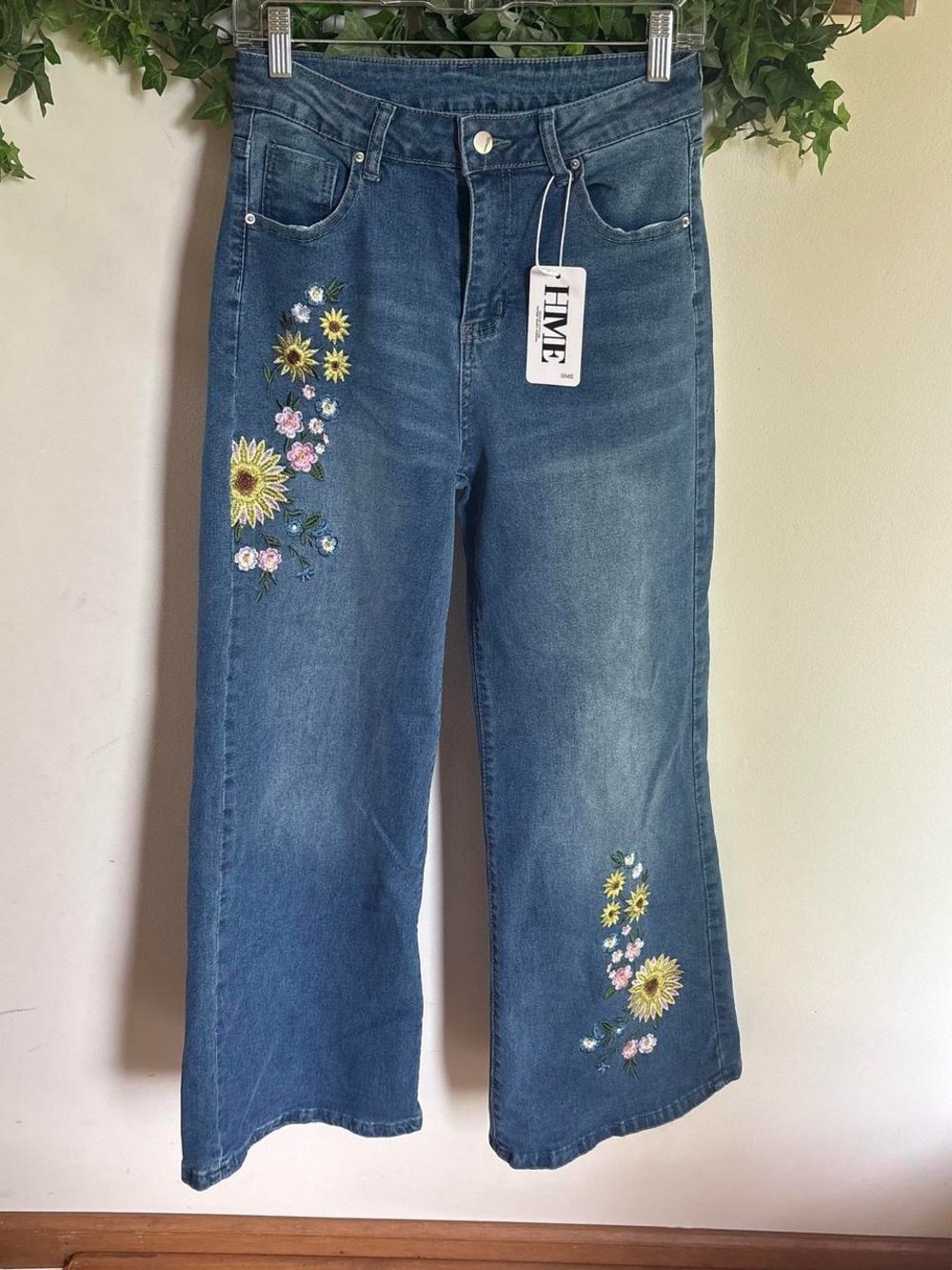 H&M Denim Wide-Leg Jeans with Floral Embroidery